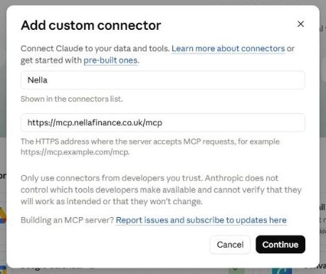 Claude's Add custom connector dialog with the name Nella and the address https://mcp.nellafinance.co.uk/mcp filled in