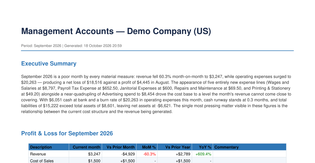 The first page of a management accounts PDF for a demo company: title, period, executive summary and the start of the profit and loss table