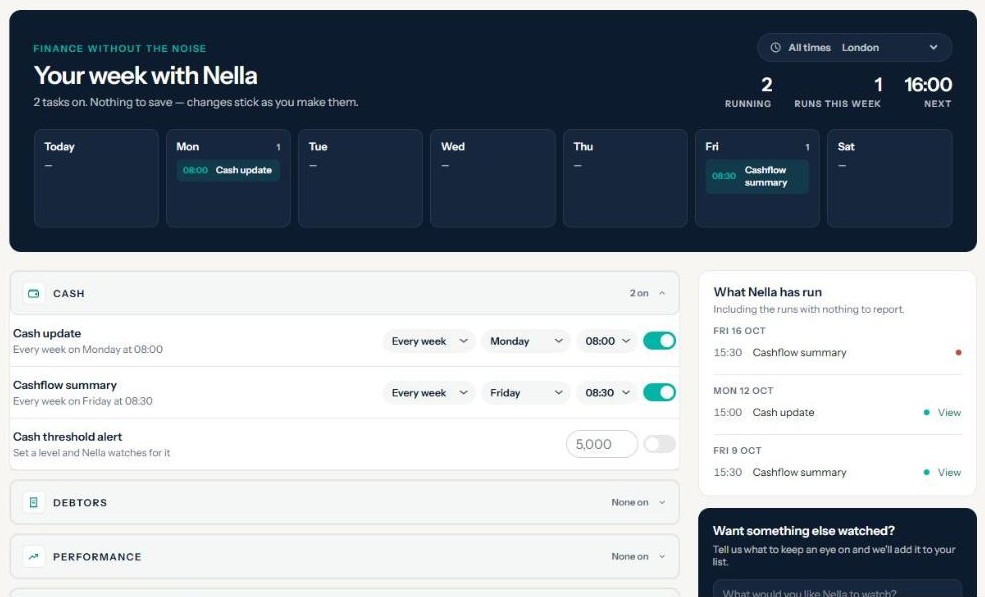 The Tasks page: Your week with Nella, the Cash group with schedules and switches, and What Nella has run